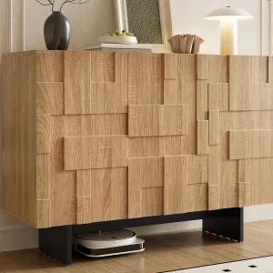 Dressoir met uniek design 105 × 33,5 × 76 cm – met 3 deuren en verstelbare planken – geometrische structuur – naturel + zwart