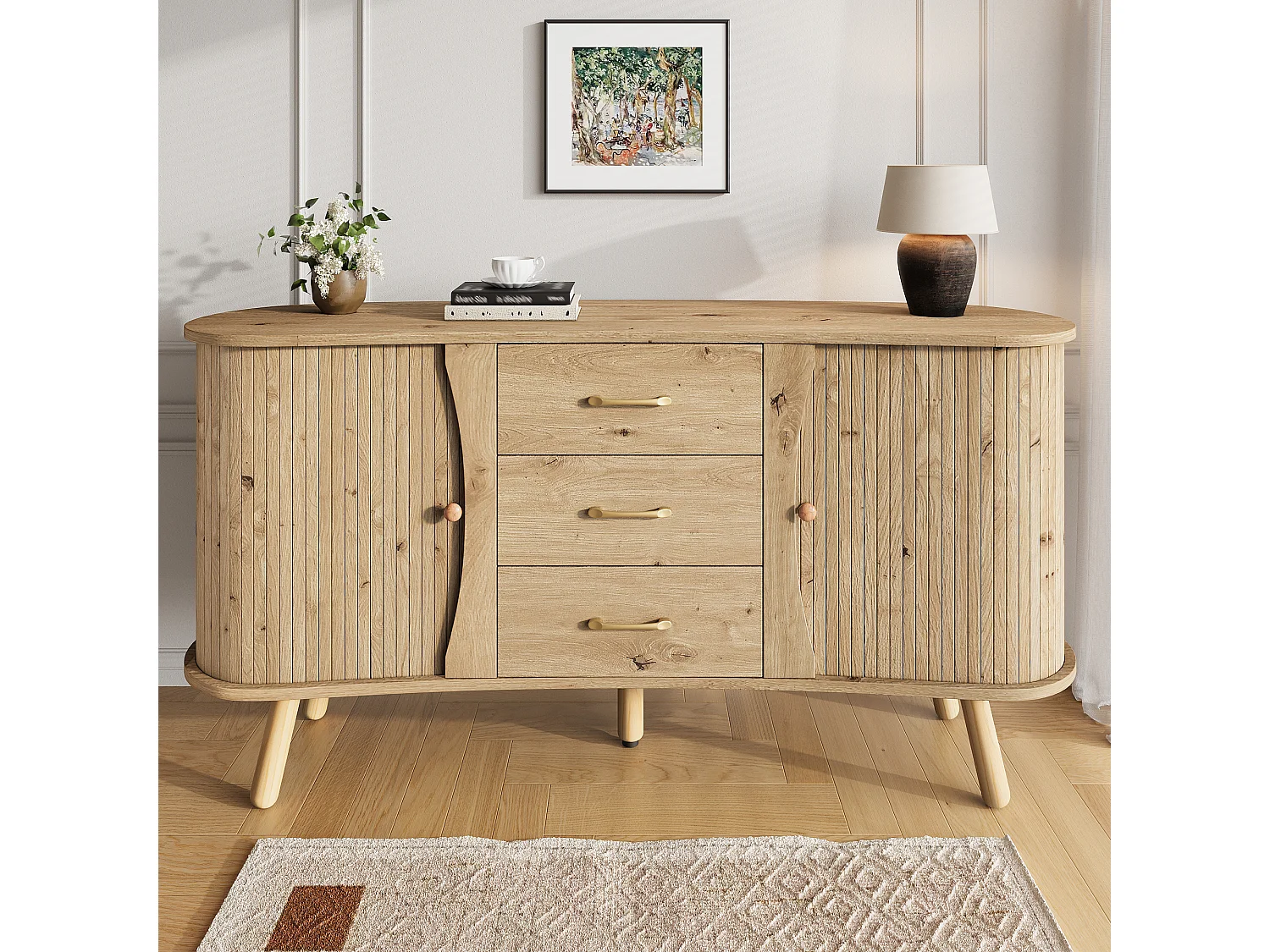 Erwtvormig dressoir met 2 schuifdeuren en 3 lades, houtlook