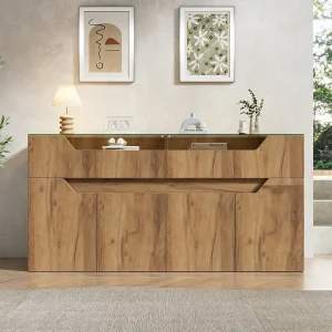 Dressoir met gehard glazen blad – 2 lades en 4 deuren – 140x40x70 cm – Houtlook – MDF + glas – Natuurlijk Dressoir met gehard glazen blad – 2 lades en 4 deuren – 140x40x70 cm – Houtlook – MDF + glas – Natuurlijk