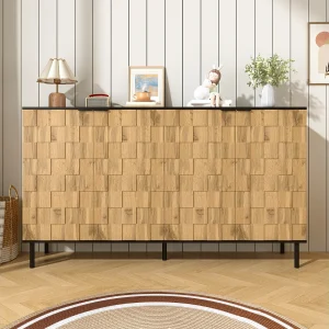 Dressoir met hout- en mozaïeklook, voorzien van 4 deuren en metalen poten, ideaal voor de woonkamer en hal. Dressoir met hout- en mozaïeklook, voorzien van 4 deuren en metalen poten, ideaal voor de woonkamer en hal.