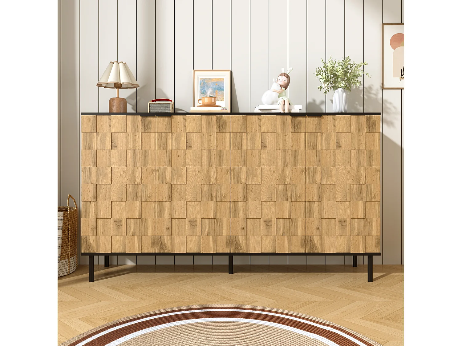 Dressoir met hout- en mozaïeklook, voorzien van 4 deuren en metalen poten, ideaal voor de woonkamer en hal.