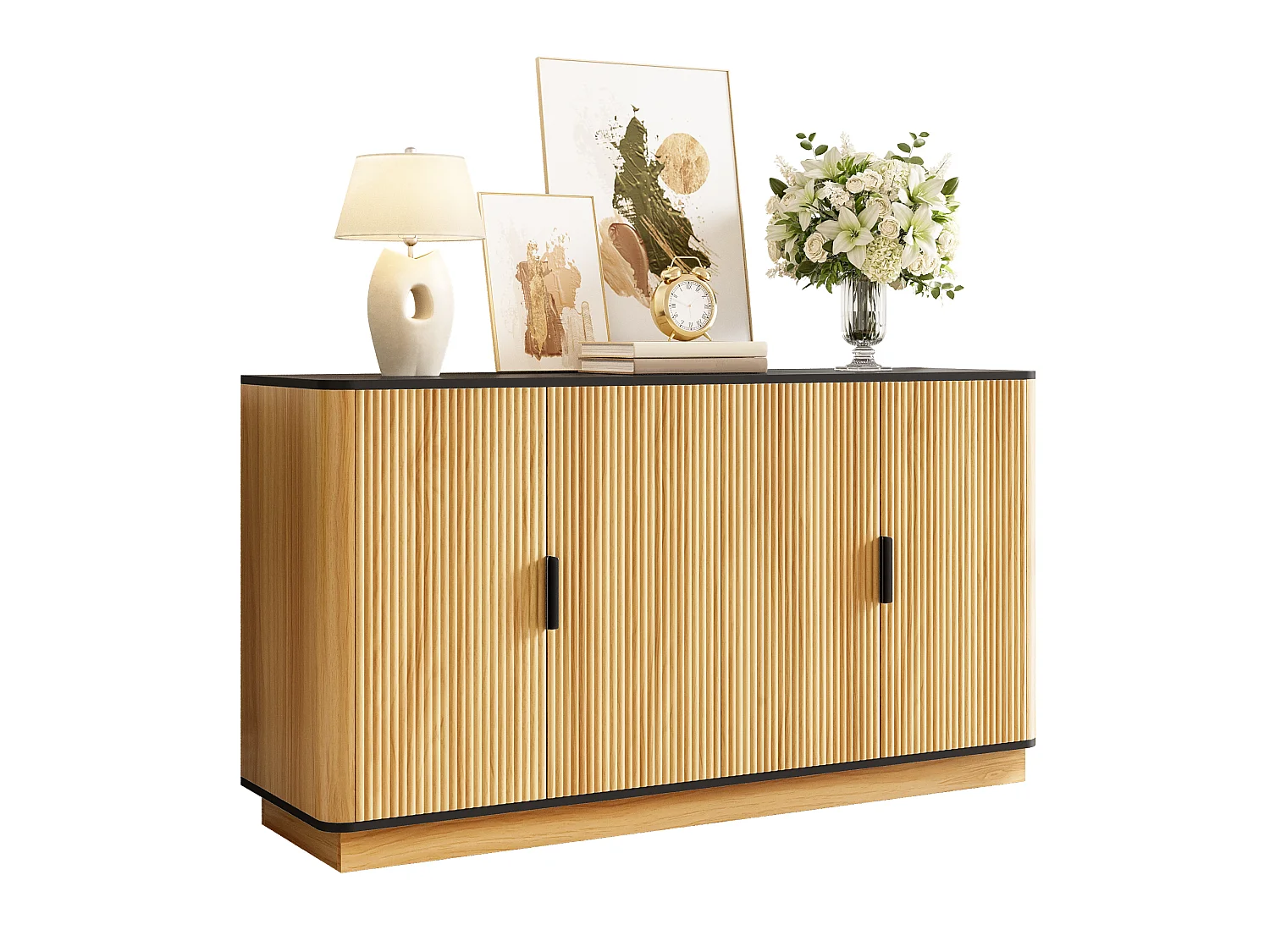 Dressoir met 4 deuren - 139x40x75 cm - Golvend patroon - Houtlook afwerking - Spaanplaten - Natuurlijk