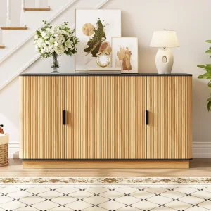 Dressoir met houtlook en 4 deuren – Verticale nerf – Licht naturel en zwart 139x40x75 cm Dressoir met houtlook en 4 deuren – Verticale nerf – Licht naturel en zwart 139x40x75 cm