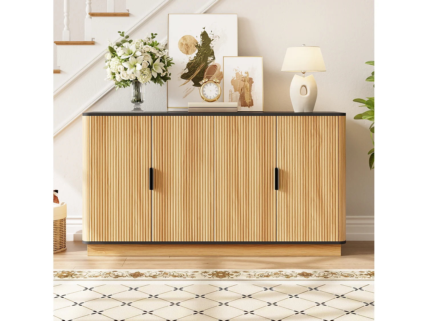 Dressoir met houtlook en 4 deuren - Verticale nerf - Licht naturel en zwart 139x40x75 cm