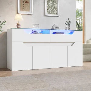 Dressoir met gehard glazen blad – 2 lades en 4 deuren – 140x40x70 cm – MDF + glas – Wit Dressoir met gehard glazen blad – 2 lades en 4 deuren – 140x40x70 cm – MDF + glas – Wit