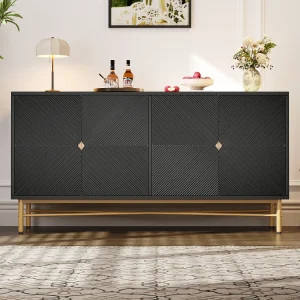 Dressoir met reliëfstructuur en 4 deuren, zwart 160 x 40 x 82 cm