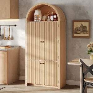 Gebogen keukenkast / sideboard 80x40x180 cm – met 4 deuren – bovenste open plank – houtnerf uitstraling – Naturel Gebogen keukenkast / sideboard 80x40x180 cm – met 4 deuren – bovenste open plank – houtnerf uitstraling – Naturel