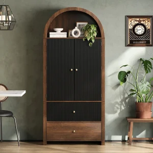 Gebogen keukenkast / sideboard 80x40x180 cm – met 2 deuren en 2 lades – bovenste open plank – houtnerf uitstraling – Zwart Gebogen keukenkast / sideboard 80x40x180 cm – met 2 deuren en 2 lades – bovenste open plank – houtnerf uitstraling – Zwart
