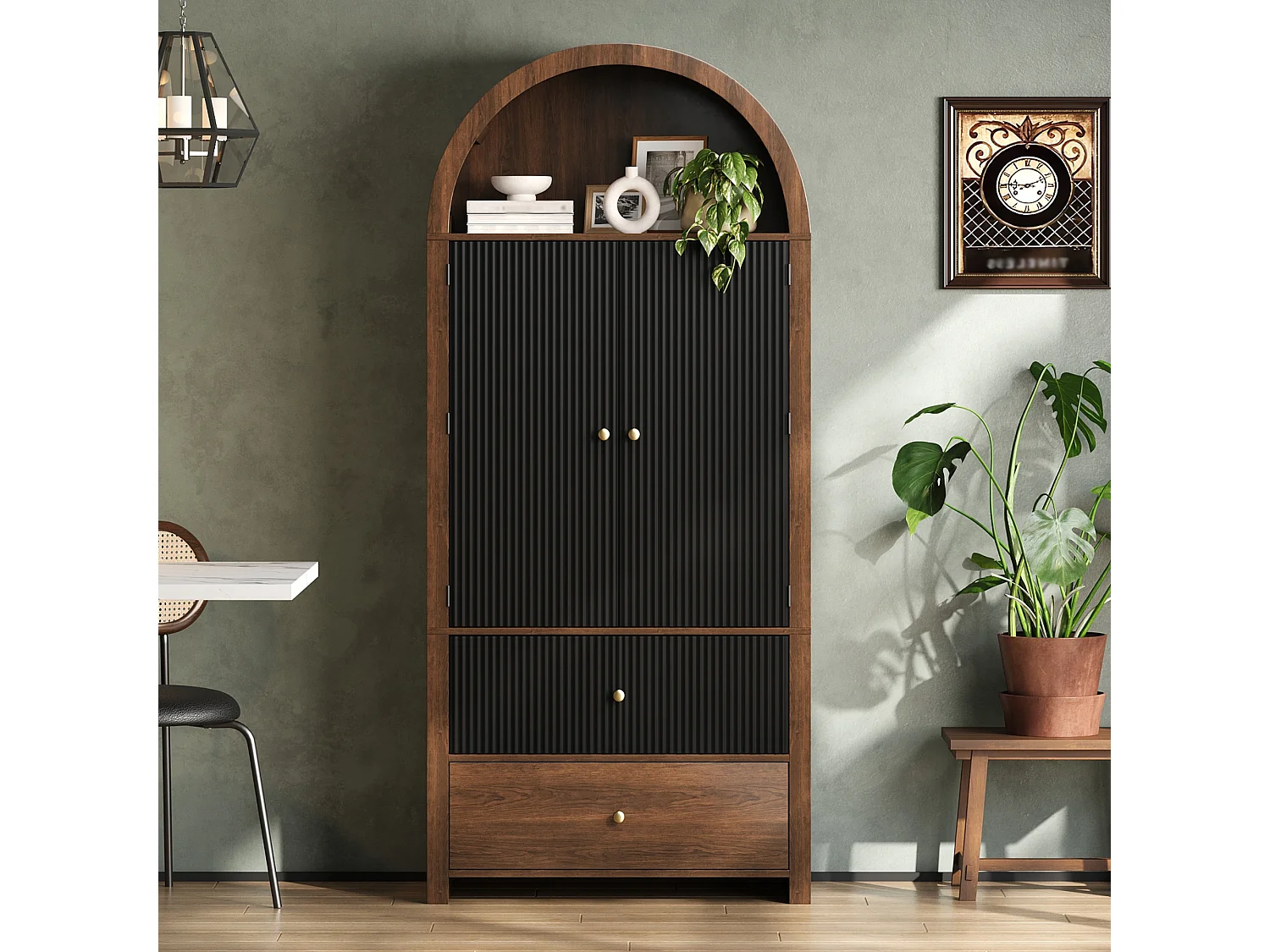 Gebogen keukenkast / sideboard 80x40x180 cm - met 2 deuren en 2 lades - bovenste open plank - houtnerf uitstraling - Zwart