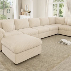 Extra-grote U-vormige hoekbank voor 7 personen – ribfluweel – met kussens en aparte poef – beige