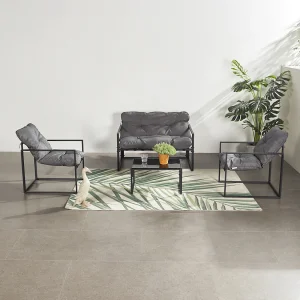 Eigentijdse 4-zits tuinset in zwart met grijze kussens en salontafel van gehard glas Eigentijdse 4-zits tuinset in zwart met grijze kussens en salontafel van gehard glas