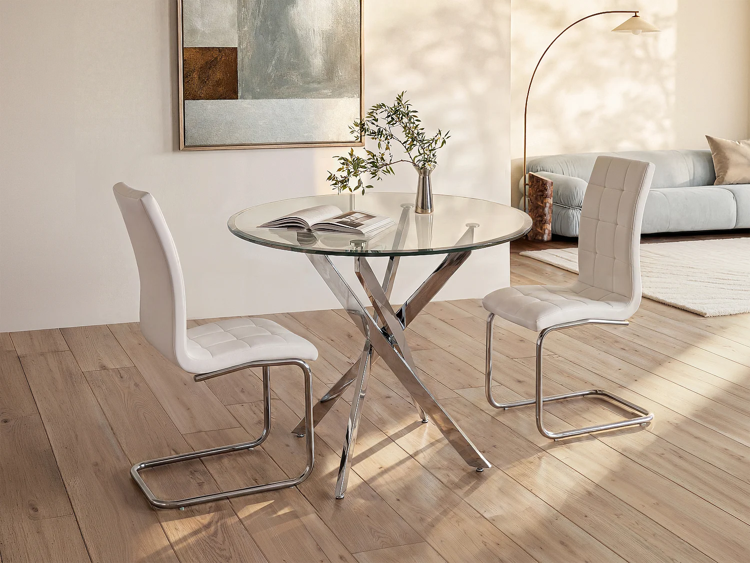 Eettafel COSIMA - 2 personen - Gehard glas en verchroomd metaal