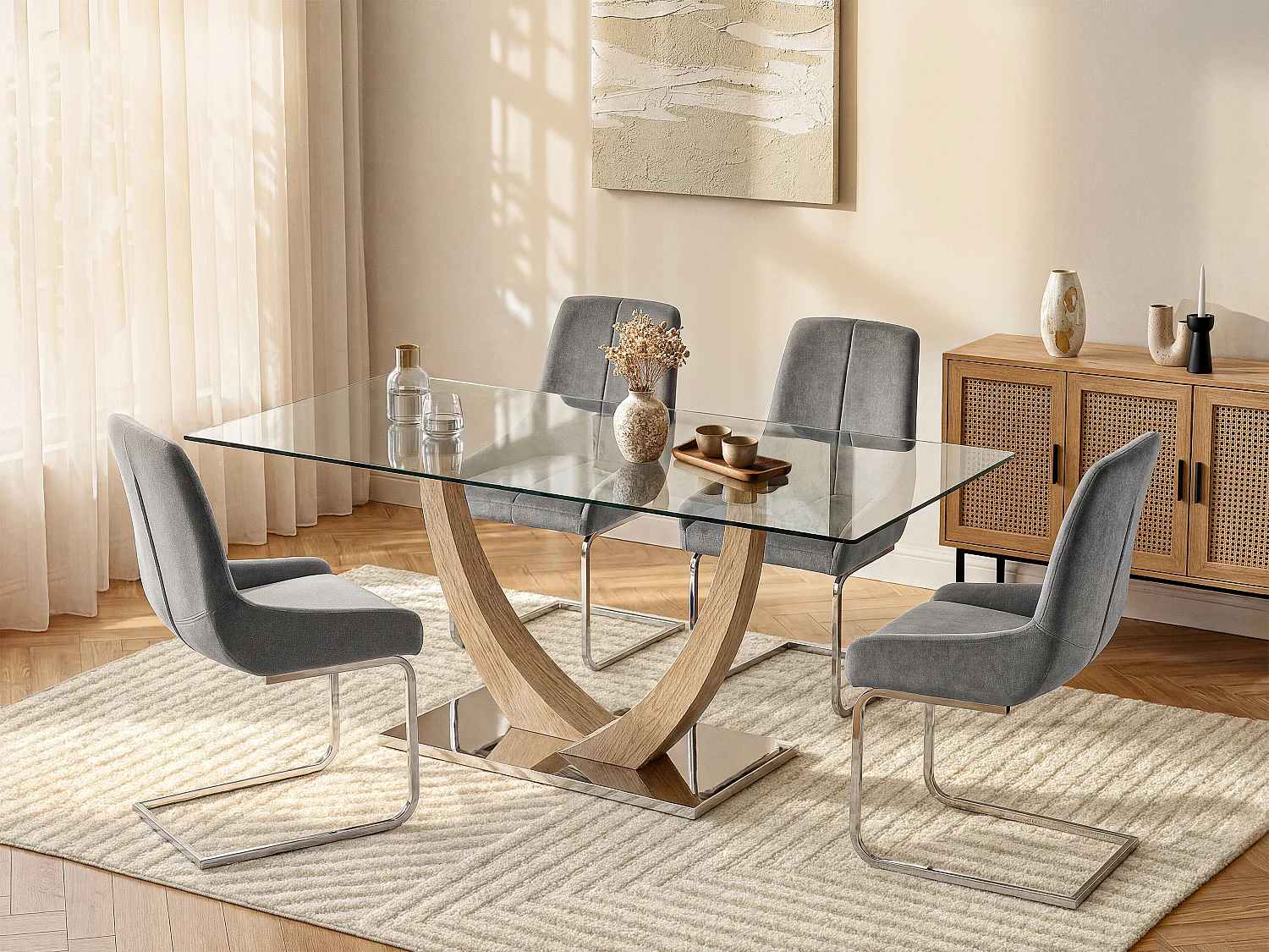 Eettafel voor 6 personen van gehard glas, mdf en roestvrij staal - MELODIE II