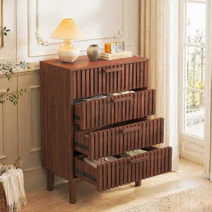 Elegant Walnoot Houten 4-Lade Opbergkast voor Eetkamer, Keuken, Woonkamer en Slaapkamer Elegant Walnoot Houten 4-Lade Opbergkast voor Eetkamer, Keuken, Woonkamer en Slaapkamer