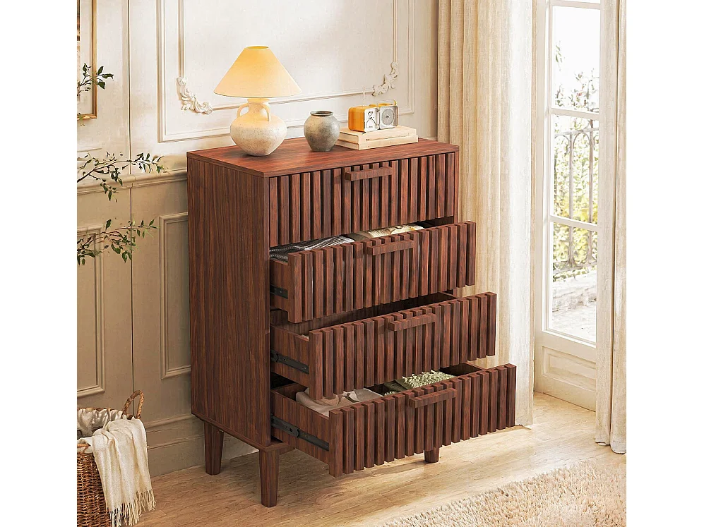 Elegant Walnoot Houten 4-Lade Opbergkast voor Eetkamer, Keuken, Woonkamer en Slaapkamer