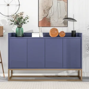 Dressoir, modern minimalistisch dressoir met 4 deuren en metalen frame voor eetkamer, woonkamer, keuken, blauw