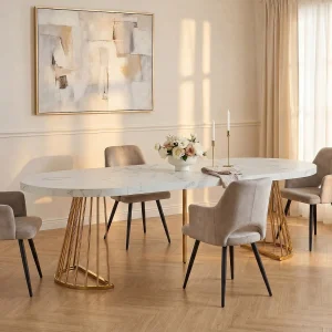 Tafelset FIRELA + 4 stoelen KADIJA – Wit en beige marmer effect