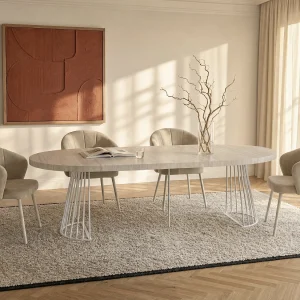 Uitschuifbare eettafel voor 2 tot 12 personen van MDF en staal – Beige en wit travertijn effect – FIRELA Uitschuifbare eettafel voor 2 tot 12 personen van MDF en staal – Beige en wit travertijn effect – FIRELA