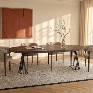 Uitschuifbare eettafel voor 2 tot 12 personen van MDF en staal – Donker naturel en zwart – FIRELA Uitschuifbare eettafel voor 2 tot 12 personen van MDF en staal – Donker naturel en zwart – FIRELA