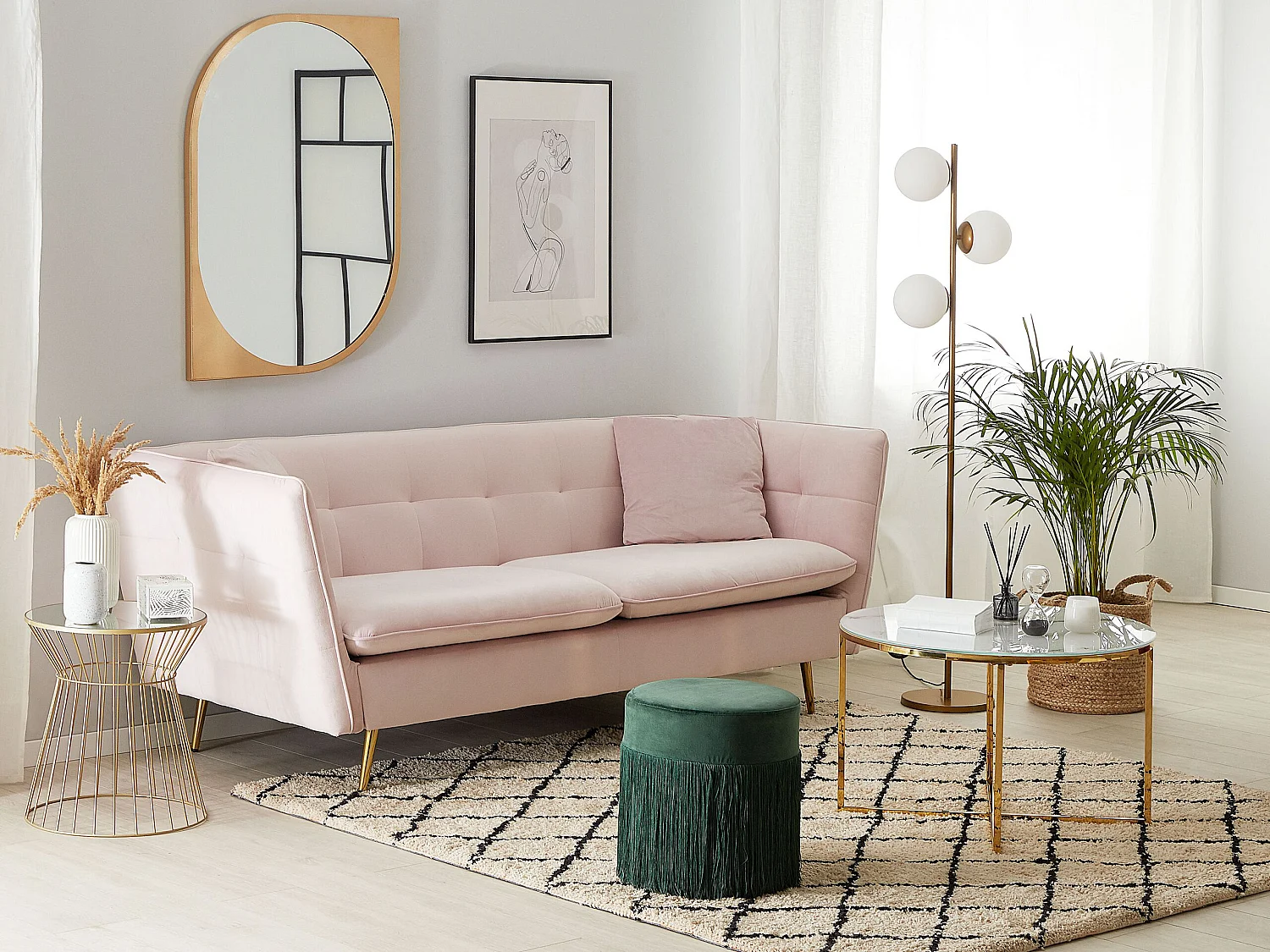 Bank FREDERICA Fluweel Roze 3-zitter