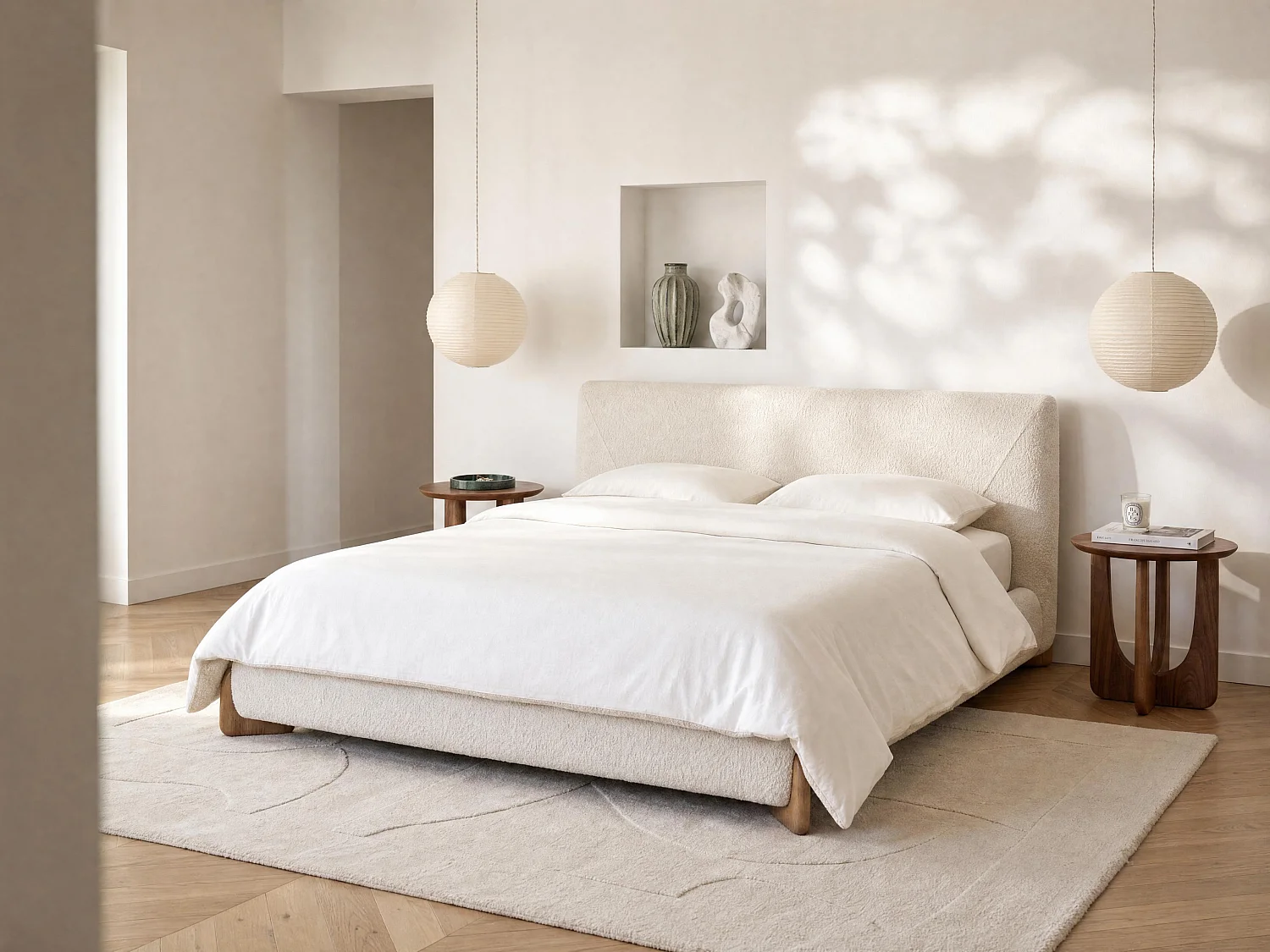 Bed 160 x 200 cm - Boucléstof - Wit en naturel + matras - GAMURA