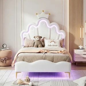 Eenpersoons kinderbed, 90x200cm, met ledverlichting, verstelbaar kroonvormig hoofdeinde, PU, wit Eenpersoons kinderbed, 90x200cm, met ledverlichting, verstelbaar kroonvormig hoofdeinde, PU, wit