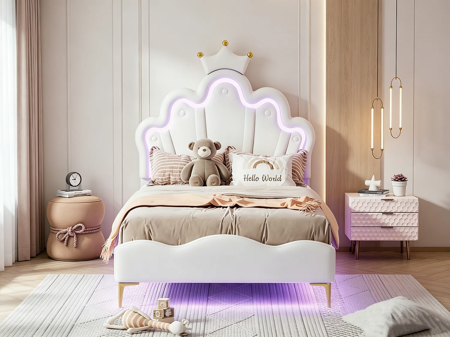 Eenpersoons kinderbed, 90x200cm, met ledverlichting, verstelbaar kroonvormig hoofdeinde, PU, wit