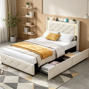 Eenpersoonsbed 90 x 200 cm met ledverlichting – 2 lades en USB-poort – fluweel – beige