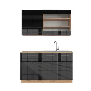 Eenpersoonskeuken antraciet hoogglans/goud eiken 140x60x81.6 fame-line Eenpersoonskeuken antraciet hoogglans/goud eiken 140x60x81.6 fame-line
