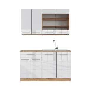 Eenpersoonskeuken wit hoogglans/goud power eiken 140x60x81.6 fame-line