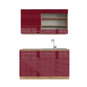 Eenpersoonskeuken bordeaux hoogglans/gouden eik 140x60x81.6 fame-line Eenpersoonskeuken bordeaux hoogglans/gouden eik 140x60x81.6 fame-line