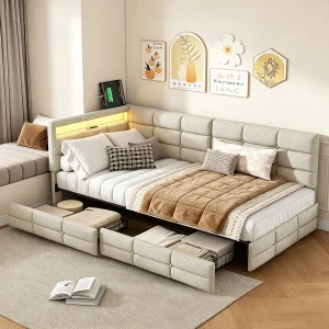 Eenpersoonsbed 90 x 200 cm met ledverlichting en USB-poorten – 2 lades – linnen – beige