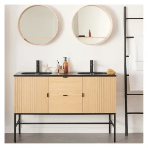 Dubbel meubel 140cm eiken, zwarte kranen en ronde spiegels STUDIO