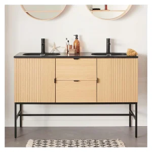Dubbel meubel 140cm eiken, zwarte waskom en kranen STUDIO