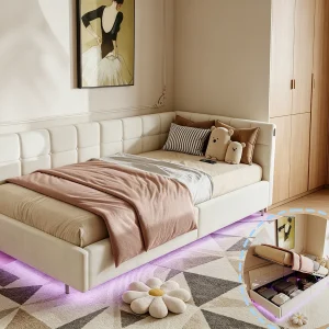 Eenpersoonsbed 90x200cm met hydraulische opbergruimte – LED en USB – Fluweel – Beige Eenpersoonsbed 90x200cm met hydraulische opbergruimte – LED en USB – Fluweel – Beige