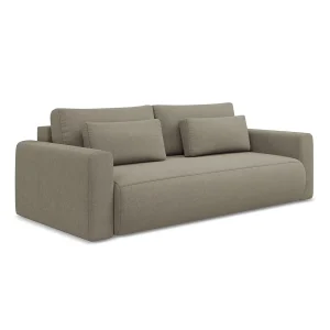 Driezits-slaapbank van donkerbeige textuurstof – PERUGIA Driezits-slaapbank van donkerbeige textuurstof – PERUGIA