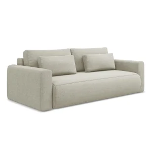 Driezits-slaapbank van lichtbeige textuurstof – PERUGIA Driezits-slaapbank van lichtbeige textuurstof – PERUGIA