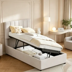 Eenpersoonsbed 90x200cm – met hydraulische opbergruimte – in hoogte verstelbaar hoofdeinde – beddengoed – beige Eenpersoonsbed 90x200cm – met hydraulische opbergruimte – in hoogte verstelbaar hoofdeinde – beddengoed – beige