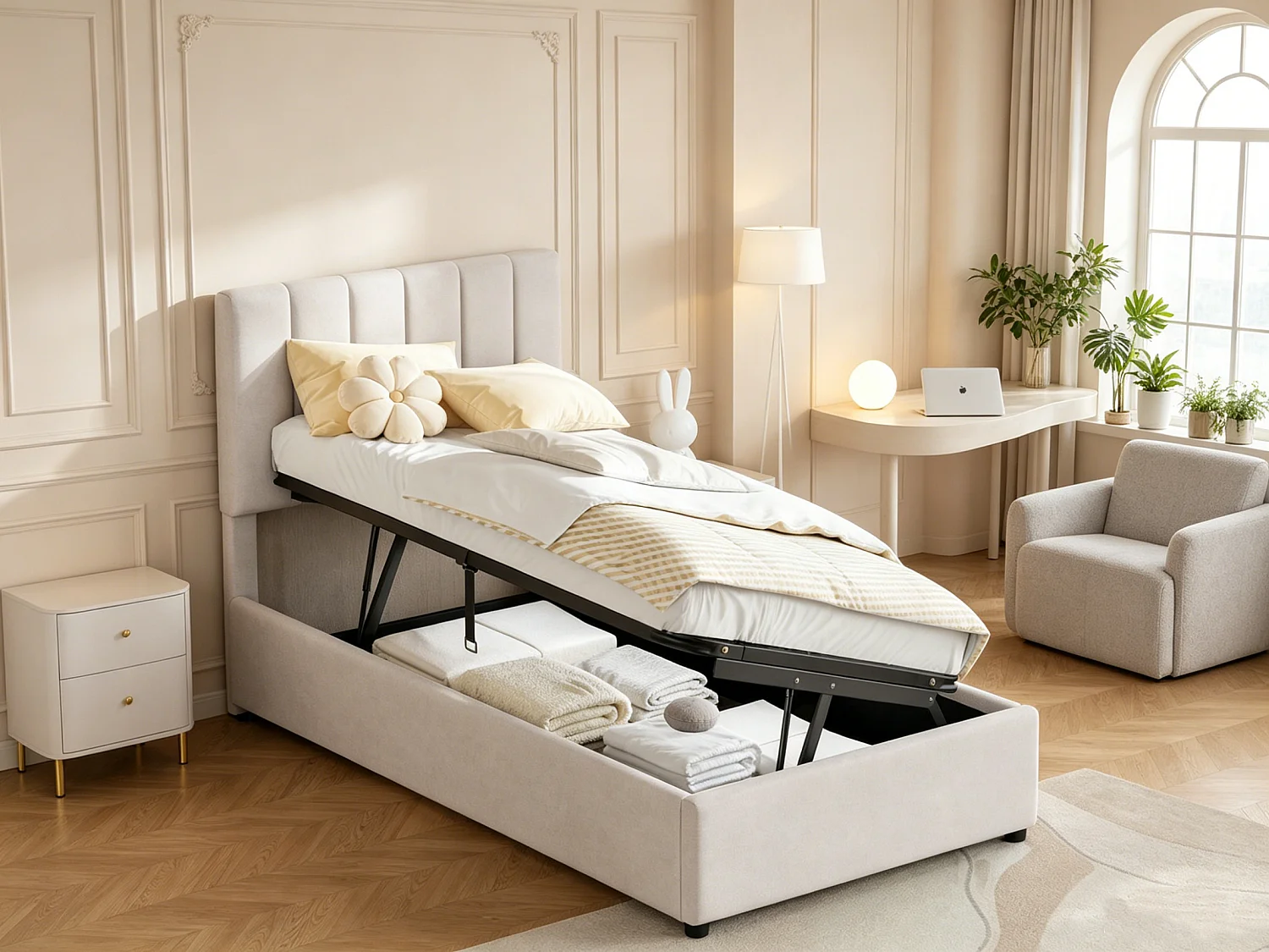Eenpersoonsbed 90x200cm - met hydraulische opbergruimte - in hoogte verstelbaar hoofdeinde - beddengoed - beige