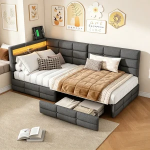 Eenpersoonsbed 90×200 cm met 2 lades – met ledverlichting en usb-aansluiting – linnen – grijs