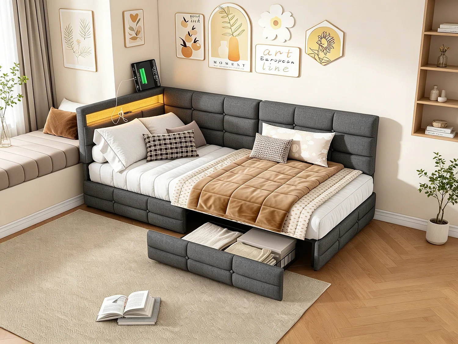 Eenpersoonsbed 90x200 cm met 2 lades - met ledverlichting en usb-aansluiting - linnen - grijs