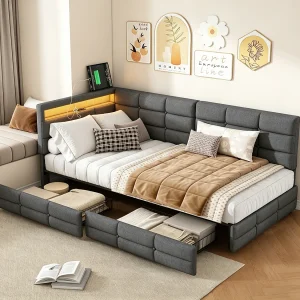 Eenpersoonsbed 90 x 200 cm met ledverlichting en USB-poorten – 2 lades – linnen – grijs