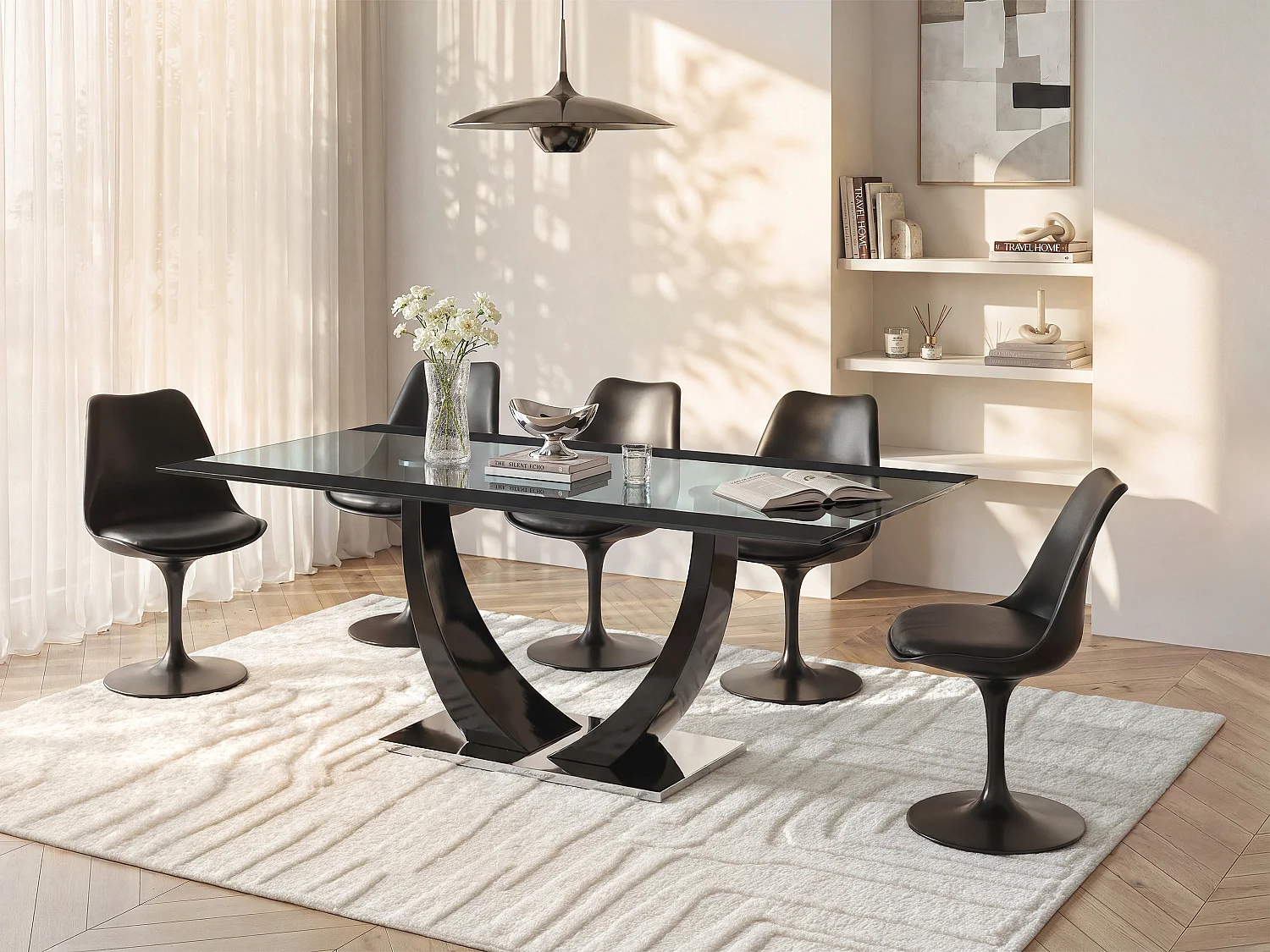 Eettafel MEZZO - 8 personen - MDF en gehard glas - zwart