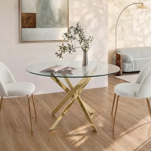 Ronde eettafel – 4 personen – Gehard glas en goudkleurig metaal – Transparant – COSIMA Ronde eettafel – 4 personen – Gehard glas en goudkleurig metaal – Transparant – COSIMA
