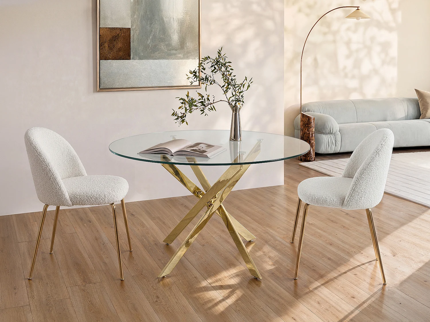 Ronde eettafel – 4 personen – Gehard glas en goudkleurig metaal – Transparant – COSIMA