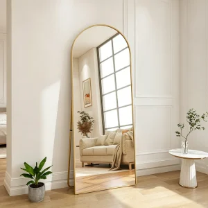 Gebogen vrijstaande spiegel 164 x 54 cm – frame van aluminiumlegering – gehard glas – groot formaat – goud Gebogen vrijstaande spiegel 164 x 54 cm – frame van aluminiumlegering – gehard glas – groot formaat – goud