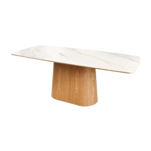 Eettafel LUMEA – Rechthoekig 200 cm – Tafelblad van keramiek met wit marmer effect en poten met licht hout aspect
