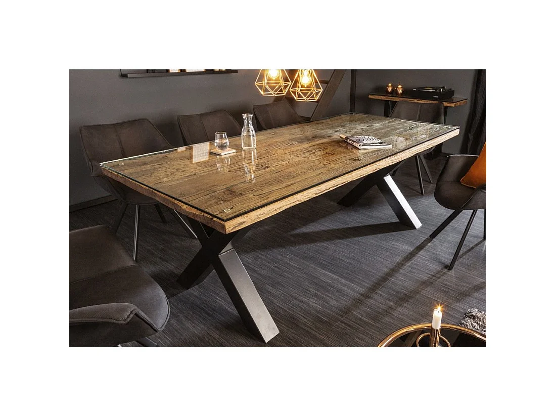 Eettafel RAFTA 220 cm – Blad van massief teakhout en gehard glas – X-vormige poten in zwart metaal