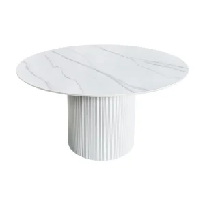 Eettafel LUMEA – Rond 120 cm – Wit marmer effect – Brede centrale poot – Hedendaagse stijl
