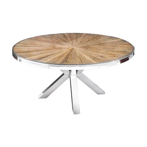 Eettafel RAFTA – Teakhout en gehard glas – Chromen poot – 120 cm – Rond – Hedendaagse stijl Eettafel RAFTA – Teakhout en gehard glas – Chromen poot – 120 cm – Rond – Hedendaagse stijl